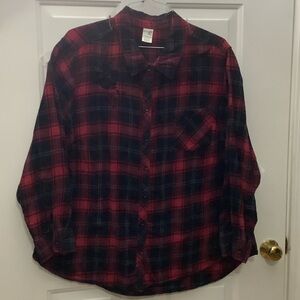 Terra & Sky Red and Black Plaid Top w/Embroidered Rose